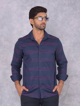 CRIMSOUNE CLUB - Mens Purple Horizontal Stripes Cotton Knitted Shirt