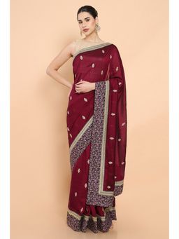 Soch - Women Maroon Cotton Embroidered Saree with Unstitched Blouse