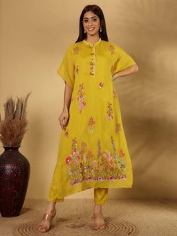 Varanga - Women Floral Thread Embroidered Silk Kaftan with Tonal Trouser (Set of 2)