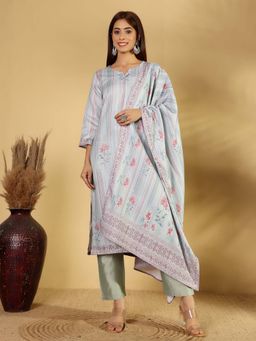 Varanga - Blue Stripe with Floral Printed Straight Kurta with Trouser & Dupatta (Set of 3)