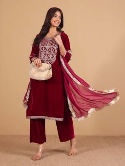 Varanga - Velvet Zari Embroidered Straight Kurta Paired with Trouser & Dupatta (Set of 3)