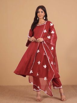 Varanga - Thread Embroidered Anarkali Kurta with Tonal Trouser & Dupatta (Set of 3)