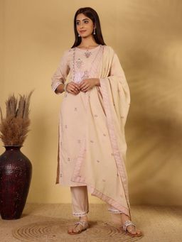 Varanga - Beige Thread and Sequins Embroidered Kurta with Tonal Trouser & Dupatta (Set of 3)