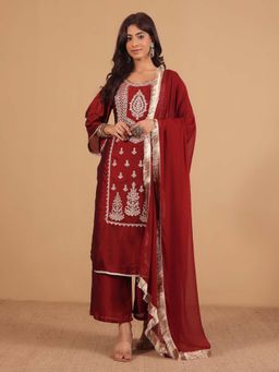 Varanga - Maroon Zari Embroidered Kurta Paired with Trouser & Dupatta (Set of 3)