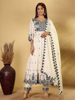 Varanga - Thread and Mirror Embroidered Anarkali Kurta Paired with Trouser & Dupatta (Set of 3)