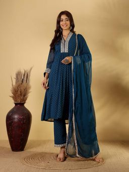 Varanga - Zari and Mirror Embellished A-Line Kurta with Palazzo & Dupatta (Set of 3)