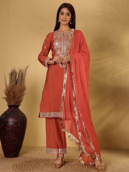 Varanga - Rust Zari Embroidered Kurta with Trouser & Dupatta (Set of 3)