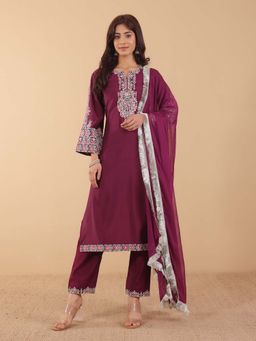 Varanga - Round Neck Zari and Thread Embroidered Kurta with Trouser & Tonal Dupatta (Set of 3)