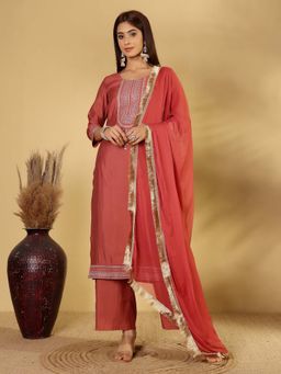 Varanga - Coral Zari Embroidered Straight Kurta with Trouser & Fringed Dupatta (Set of 3)