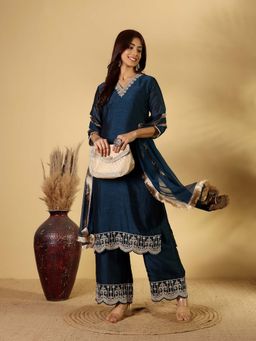 Varanga - V Neck Zari Embroidered Kurta with Palazzo & Dupatta (Set of 3)