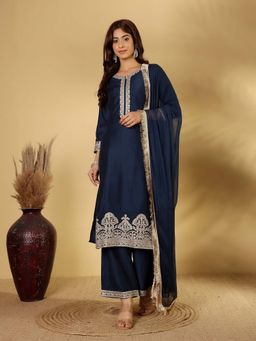 Varanga - Round Neck Zari Embroidered Navy Blue Kurta with Tonal Palazzo & Dupatta (Set of 3)
