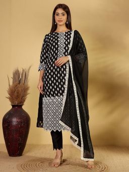 Varanga - Black Ethnic Printed Schiffli Work Kurta with Trouser & Dupatta (Set of 3)