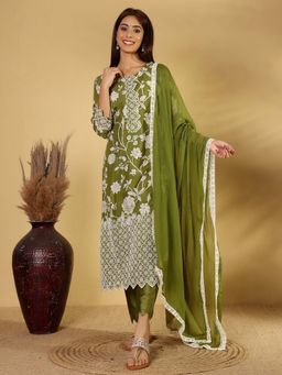Varanga - Floral Printed Schiffli Work Kurta Paired with Trouser & Dupatta (Set of 3)