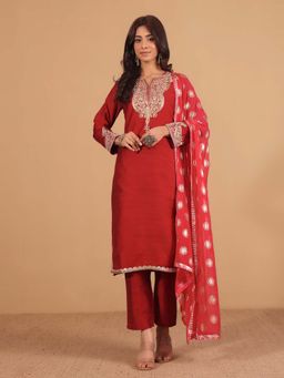 Varanga - Maroon Zari Embroidered Kurta with Trouser & Dupatta (Set of 3)