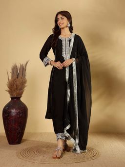 Varanga - Black Zari Embroidered Kurta with Trouser & Dupatta (Set of 3)