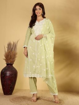 Varanga - Round Neck Heavy Thread Embroidered Kurta with Trouser & Dupatta (Set of 3)