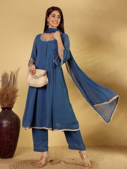 Varanga - Round Neck Thread Embroidered Anarkali with Tonal Palazzo & Dupatta (Set of 3)