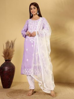 Varanga - Floral Thread Embroidered Straight Kurta Paired with Palazzo & Dupatta (Set of 3)
