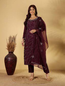 Varanga - Floral Motif Hand Embroidered French Knot Kurta with Trouser & Dupatta (Set of 3)