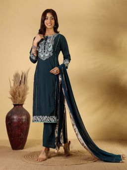Varanga - Teal Blue Zari Embroidered Straight Kurta with Trouser & Dupatta (Set of 3)