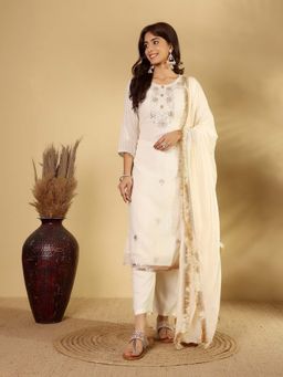 Varanga - Off White Striped Zari Embellished Kurta with Trouser & Dupatta (Set of 3)