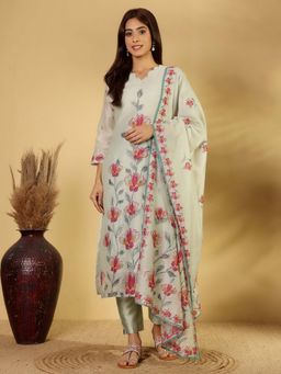 Varanga - Floral Printed Thread Embroidered Straight Kurta with Trouser & Dupatta (Set of 3)