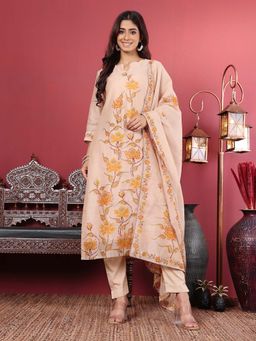 Varanga - Floral Printed Hand Kantha Embroidered Kurta with Trouser & Dupatta (Set of 3)
