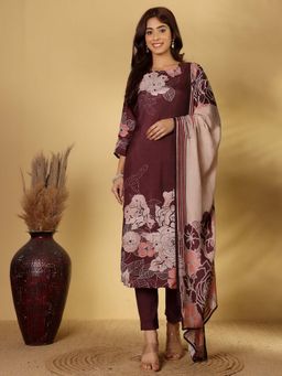 Varanga - Purple Floral Printed Kurta with Trouser & Dupatta (Set of 3)