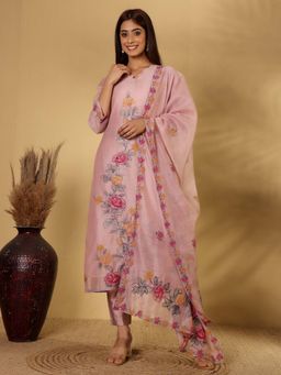 Varanga - Floral Printed with Kantha Hand Embroidered Kurta & Trouser with Dupatta (Set of 3)
