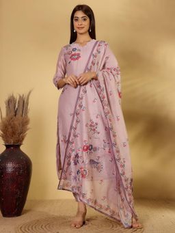 Varanga - Floral Printed with Kantha Hand Embroidered Kurta with Trouser & Dupatta (Set of 3)