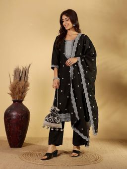 Varanga - Black Silk Zari and Sequins Embroidered Kurta with Trouser & Dupatta (Set of 3)