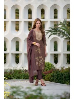 MOJILAA - Women Brown Tissue Silk Embroidered Straight Kurta with Pant & Dupatta (Set of 3)