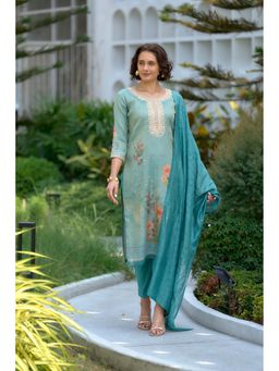 MOJILAA - Sea Green Tissue Silk Embroidered Straight Kurta with Pant & Dupatta (Set of 3)