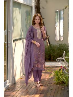 MOJILAA - Women Purple Tissue Silk Embroidered Straight Kurta with Pant & Dupatta (Set of 3)