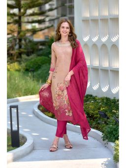 MOJILAA - Women Peach Tissue Silk Embroidered Straight Kurta with Pant & Dupatta (Set of 3)