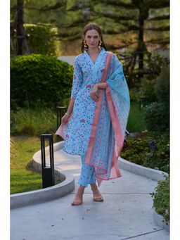 MOJILAA - Sky Blue Vatican Silk Floral and Leaf Straight Kurta with Pant & Dupatta (Set of 3)