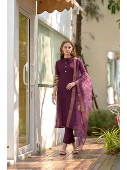 MOJILAA - Wine Roman Silk Embroidered Straight Kurta with Pant & Printed Dupatta (Set of 3)