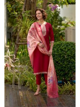 MOJILAA - Red Roman Silk Embroidered Straight Kurta with Pant & Printed Dupatta (Set of 3)