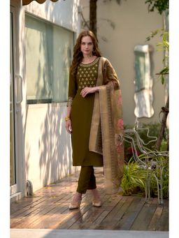 MOJILAA - Women Olive Green Rayon Embroidered Straight Kurta with Pant & Dupatta (Set of 3)