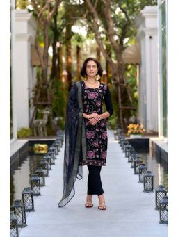 MOJILAA - Women Black Rayon Embroidered Straight Kurta with Pant & Printed Dupatta (Set of 3)