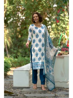 MOJILAA - Blue Cotton Botanical Print Straight Kurta with Pant & Printed Dupatta (Set of 3)