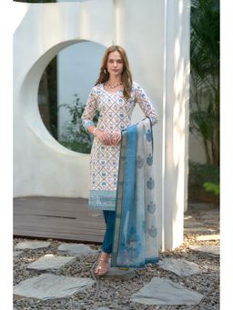 MOJILAA - Women Cream Cotton Floral and Leaf Straight Kurta with Pant & Dupatta (Set of 3)