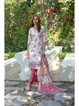 MOJILAA - Women Mauve Cotton Floral and Leaf Straight Kurta with Pant & Dupatta (Set of 3)