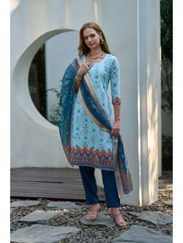 MOJILAA - Light Blue Cotton Floral and Leaf Straight Kurta with Pant & Dupatta (Set of 3)