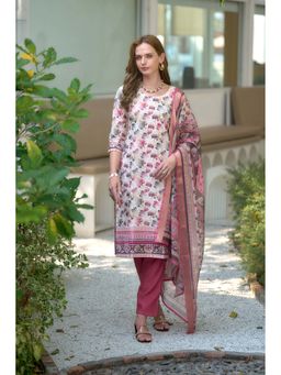 MOJILAA - Women Maroon Cotton Botanical Print Straight Kurta with Pant & Dupatta (Set of 3)