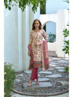 MOJILAA - Pink Cotton Floral and Leaf Straight Kurta with Pant & Printed Dupatta (Set of 3)