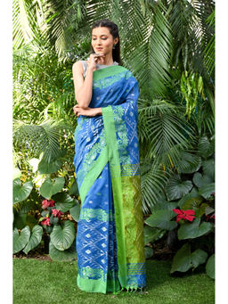Beatitude - Blue Handloom Cotton Silk Saree with Unstitched Blouse