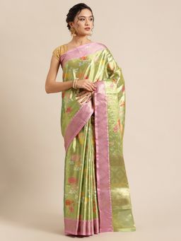 Banarasi Silk Works - Pure Green Tilfi Jamdani Jaal Border Saree with Unstitched Blouse