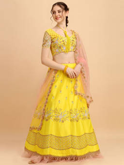 Amrutam Fab - Womens Yellow Coloured Semi-Stitched Satin Embroidered Classic Lehenga Choli (Set of 3)