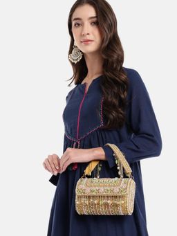 Anekaant - Women Blush And Bead Beige And Pastel Multi Accent Beads Embellished Velvet Clutch